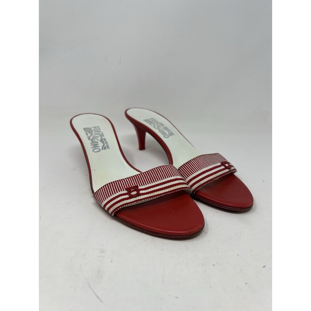 Salvatore Ferragamo Red & White Heel Sandals‎ Size 8 Stripe Kitten Heel